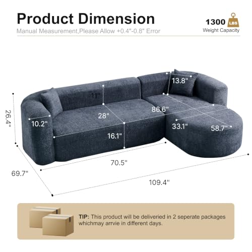 Image of Oversized Sectional Sofa with Chaise with 2 Throw Pillows, 109 inch Modern Luxury Chenille Sofa Extra Wide Seat L-Shape Curved Cloud Couch for Living Room (Right Chaise, Blue)