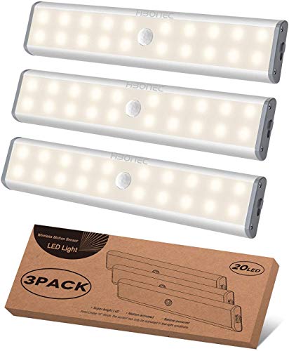 Onder Kabinet Verlichting 20 LEDs Kast Licht, Bewegingssensor Draadloze Magnetische Oplaadbare Onder Tegenverlichting, Batterij Operated LED Nachtlampje voor Kast Garderobe, Warm Wit, 3Packs