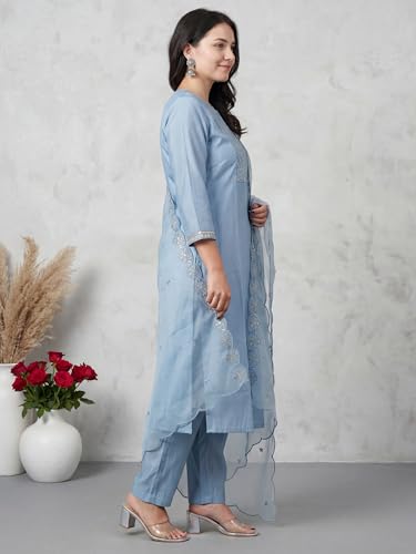 Image of INDO ERA Solid Straight Pure Cotton Kurta with Pant & Dupatta Set for Women