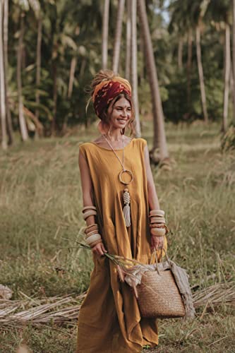 Image of Thaluta Women's Boho Cotton Sleeveless Dress Casual Loose Fit Maxi Dress with Big Pockets Fair Trade Light Summer Sundress