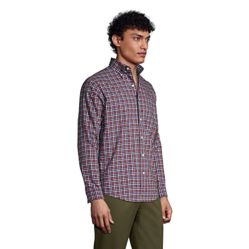 Lands' End Mens Traditional Fit No Iron Twill Shirt Orange Clay Multi Check Regular Large #TOP2