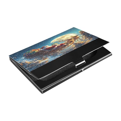 ALAZA Santa Claus Reindeer Moon Tree Snowflake Christmas Business Card Holder Leather, Stainless Steel Slim Pocket Wallet Business Card Carrier Case Holder