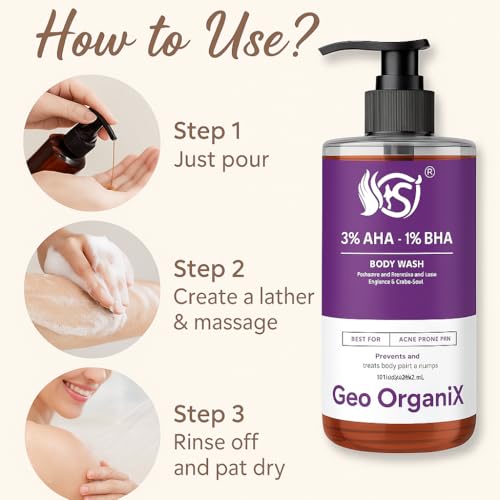 Image of AHA BHA Body Wash with 3% Lactic Acid, 1% Salicylic Acid & 1% Glycolic Acid | Exfoliating Body Cleanser for Dead Skin Removal, Acne & Body Bumps Care | Skin Brightening & Tan Removal | Paraben-Free, Non-Drying Formula | 300 ml, Pack of 2