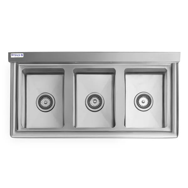 Image of Empura 39 inch Wide Stainless Steel Three Compartment Commercial Sink | Prep Utility 10 inch x 14 inch Bowl for Restaurant Laundry | 3.5 inch Drain Basket, 9.75 inch Backsplash, 39 inchW x 19.5 inchD x 44.25 inchH, 16 Gauge, NSF
