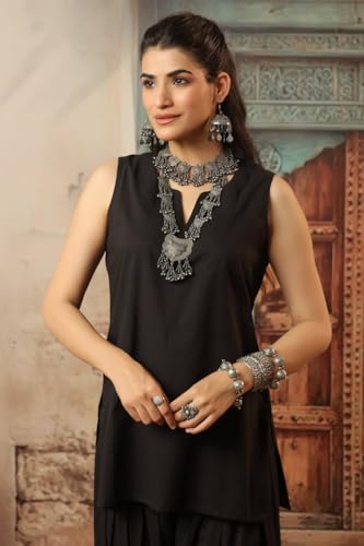 Image of REAM Women's Cotton Sleeveless Kurti and Farshi Salwar Set, Black, Ethnic Wear, Casual and Festive
