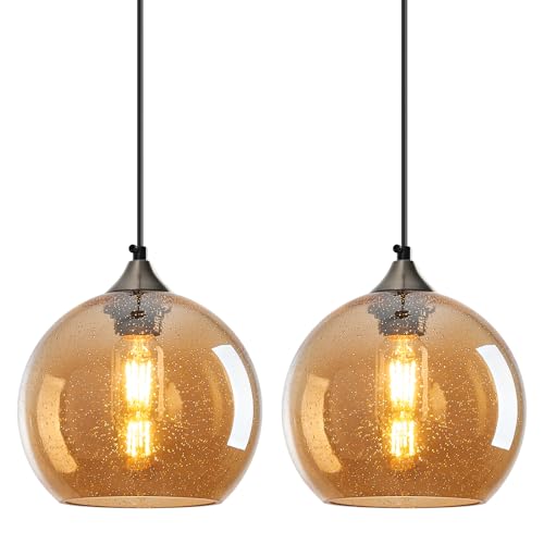 Image of Amber Glass Pendant Lights Kitchen Island Lighting Globe Pendant Light Fixtures Modern Pendant Lighting for Bedroom Living Dining Room Light Fixture (7.87 in, 2 Pack)