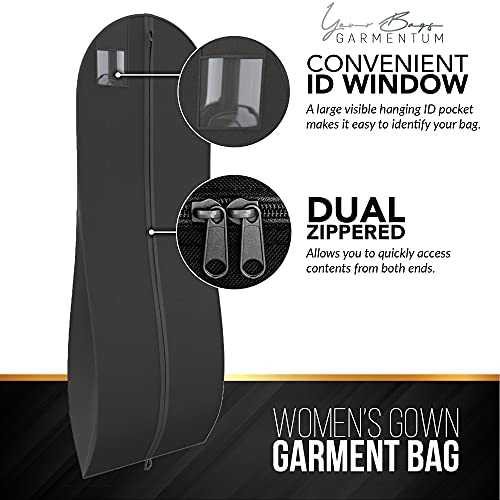 YOUR BAGS GARMENTUM Dress Bag for Gowns & Formal Dresses - 72\" Extra Long Garment Bag for Hanging Clothes & Travel Women - Large Wedding Dress Garment Bags - 10\" Gusset (Black)