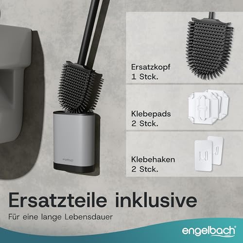 Engelbach® Klobürste Silikon mit Edelstahl Griff & Halter – Antibakterielle Toilettenbürste Wandmontage ohne Bohren – WC Bürste, Bürstengarnitur inkl. Ersatzbürstenkopf, grau