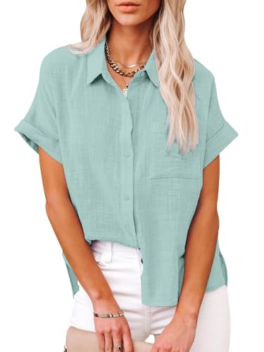 Friptspyg Bluse Damen Blusen & Tuniken Lässiges Kurzarm Hemdbluse Sommer V-Ausschnitt 100% Baumwolle Solide Blusenshirt Elegant Oberteile mit Tasche, Blau Grün L