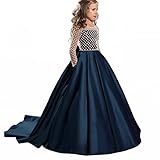 Christmas Flower Girl Dress Floor Length Button Draped Tulle Ball Gowns for Kids (2, Navy)
