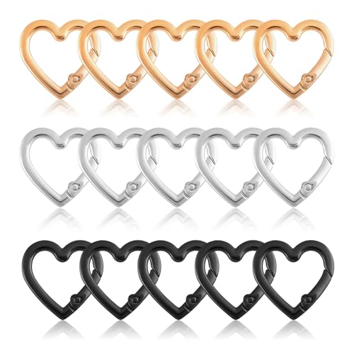 Karabiner Schlüsselanhänger, 15 Stück Herz Karabinerhaken Herzförmige Karabiner, Klein Carabiner KarabinerClip Herzform Carabiner für Wandern Angeln Camping(Gold Silber Schwarz)