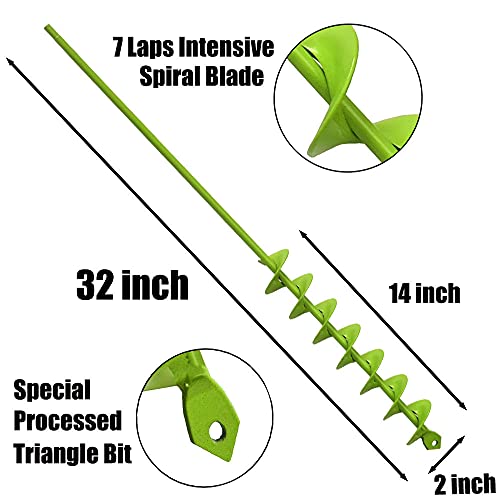 32" X 2" Upgraded Elongated Auger Drill Bit- No Need To Squat Post Hole Digger,100% Solid Barrel Extended Length Intensive Blades Heavy Duty Green Auger Drill Bit For Planting For 3/8" Hex Drive Drill #TOP2