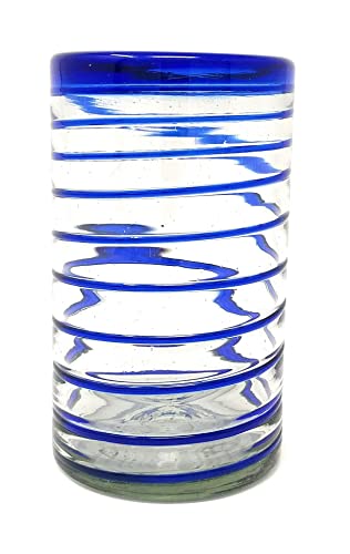 Hand Blown Mexican Drinking Glasses – Set Of 6 Glasses With Cobalt Blue Spiral Design (14 Oz Each) #TOP4