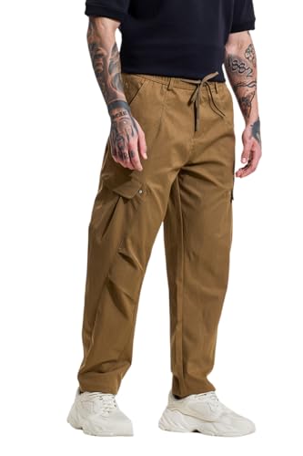 Image of SNITCH Men Cargo Pants | Relaxed Fit with Utility Pockets & Plain Pattern | Premium Cotton Blend Fabric for Casual Wear, College Wear & Street Style