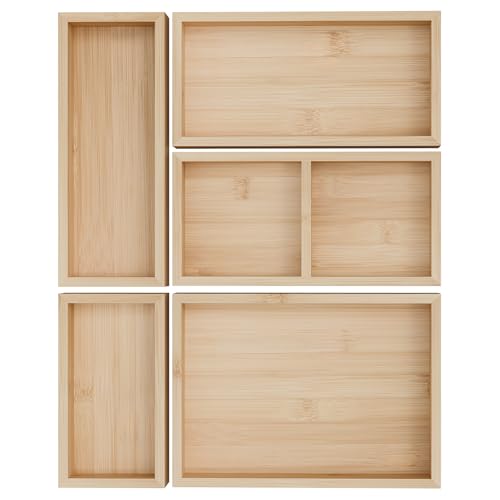 Bamboo Drawer Organizer Trays, Full Anti-slip, 5-Piece, 15.5 x 12.5 x1.9 in