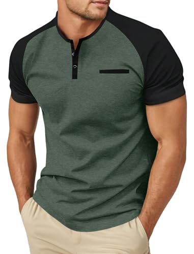 Sailwind Mens Henley Shirts Short Sleeve Casual T-Shirts Summer Button T Shirts with Pocket Green Black