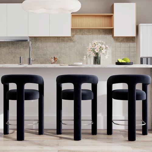ROCITY Velvet Counter Height Bar Stools Set of 3 Barrel Counter Stools 26 Inch Modern Barstools with Arms Comfy Upholstered Bar Chairs for Kitchen Island/Counter, Black