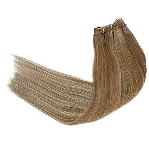 Valiilo Human Hair Weft Extensions Blonde to Golden Blonde Highlights Hand Tied Weft Hair Extensions 14 Inch Straight Remy Human Hair Extensions 80g