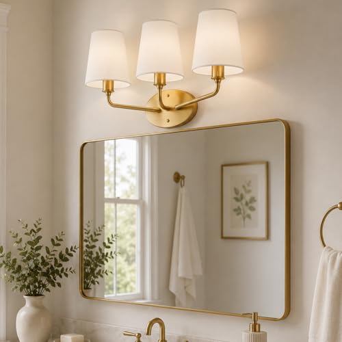 Emak 3-Light Vanity Light, Brushed Gold Bathroom Light fixtures with Flared White Fabric Shade, Modern Bathroom sconces for Mirror, Hallway, Bedroom, VL132-BGD-WF-3 by Emak - Used condition - US$35.44