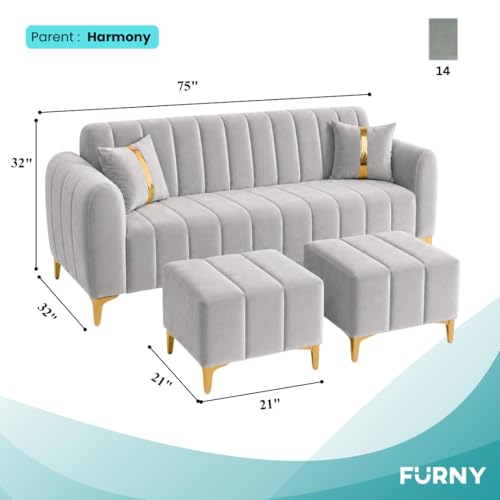 Image of FURNY Harmony 5 Seater L Shape Sofa Set with 2 Movable Ottoman & Golden Legs | Flexible Left or Right Layout | Plush Velvet Fabric (Light Grey) | Perfect for Living Room, Guest Room & Office