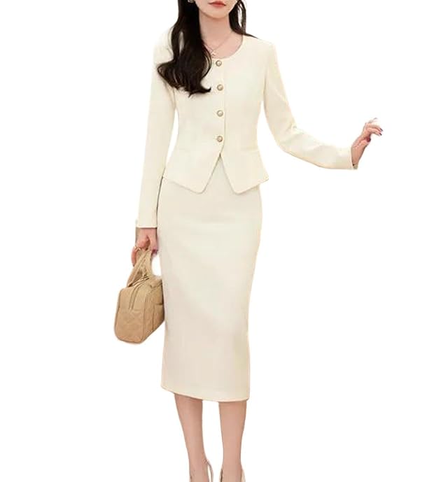 Womens Vintage Tweed Blazer Jacket with Long Skirt Elegant Formal Office Outfit Two Piece Set