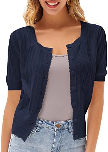 Soft Knit Sweaters for Women Short Sleeve Lace Shrugs Bolero Cardigans Button Down Blouse Navy Blue XL