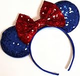 CLGIFT Snow White Rainbow Sparkle Mouse Ears, Minnie Ears with Red, Silver, Gold, and Blue Sequins - HANDMADE, Flexible Headband for Kids and Adults - Christmas Costume Headwear