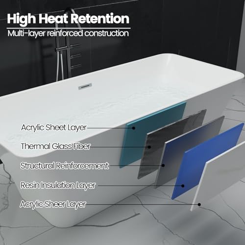 67 Inch Freestanding Bathtub, Modern Acrylic Soaking Bathtub, Ergonomic Deep Tub with Non-Slip Base and Chrome Drain, Standalone Design for Relaxing Bathroom Use, White