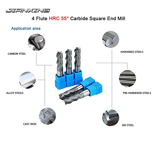 Jianxing 1/2" 3/8" 5/16" 1/4" 3/16" 1/8" Carbide Square End Mill Set For Alloy Steels/Hardened Steels, 4 Flute Hrc 55 Deg Altin Coating End Mill Bits Set, Cnc Router Bits (Pack Of 6) #TOP4