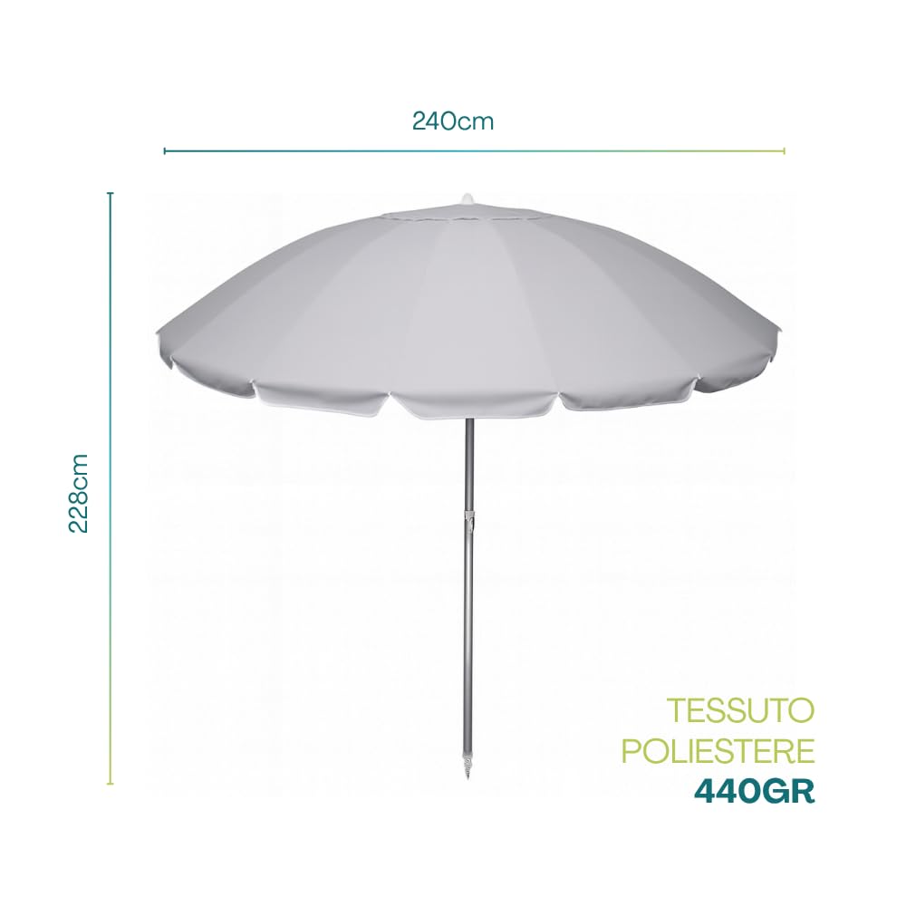 VIRSUS Ombrellone da Spiaggia con Cupola Antivento, Diametro 240 cm, 16 Stecche in Fibra Vetro, Tessuto Poliestere 440gr, Asta Alluminio da 32 mm e Snodo, Ombrello Mare con Sacca Tracolla
