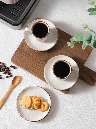 famiware Ocean Espresso Cups with Saucers Set of 4, 3.34oz Espresso Cup Set, Coffee Mug Set for Latte, Macchiato, Stoneware Demitasse Cups Set for Cafe, Microwave&Dishwasher Safe, Vanilla White - Thumbnail 6
