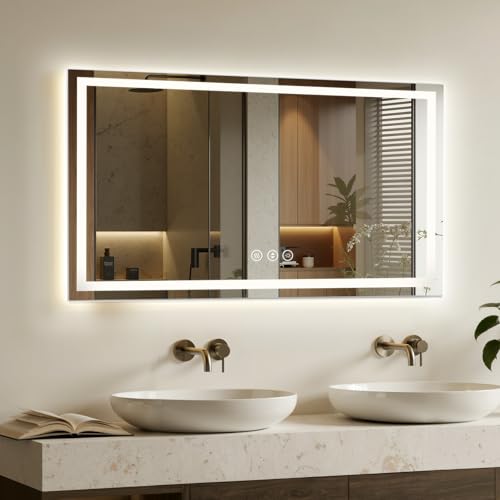 Image of 55x30 LED Bathroom Mirror with Anti-Fog, Backlit & Front Lit, Memory | Stepless Dimmable 3 Color CRI 95+ Shatterproof Tempered Glass ETL Listed for Safety Lighted Bathroom Vanity Mirror for Wall