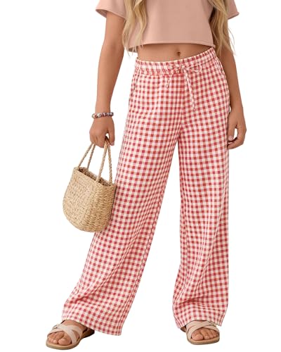 Oakgarden Girls Gingham Wide Leg Pants – Orange Pink, Size 13-14