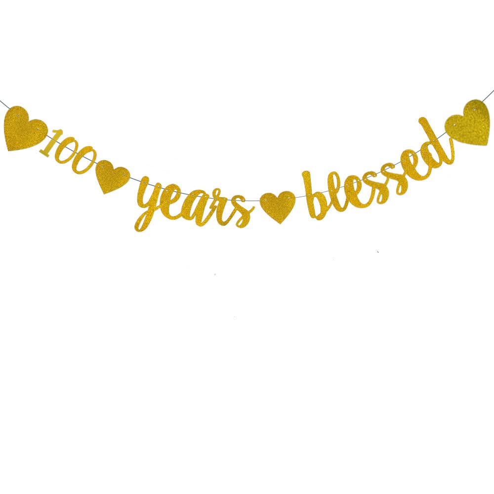 WEIANDBO 100 Years Blessed Gold Glitter Banner,Pre-Strung,100th Birthday