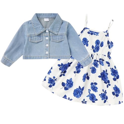 Baby Girls Floral Suspender Dress & Long-Sleeved Toddler Girl's Lovely Denim Jacket Outfit Cardigan Set