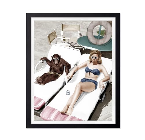 Poster Master Vintage Anima Poster - Retro Funny Print - Gift for Artist, Friend - Chimpanzee And Woman Sunbathing, Summer, Pool, Fashion, Humor - Wall Decor for Home, Office, 8x10 Black Framed