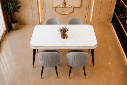 Image of WOODEN SPACE Majestic 4 Seater Wooden Dining Table Set | Urban Marble Top Dining Table with Chairs for Dining Room & Kitchen (Majestic Classic Backline Light Grey) (54 x 36 x 30 inch)