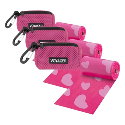 Image of Best Pet Supplies Dog Poop Bag Holder Leash Attachment with 15 Bags, Fuchsia, Reusable Mesh Dispenser Pouch for Travel, Walking, Park, and Outdoor Use, Soft and Durable with Clip-On (Pack of 3)