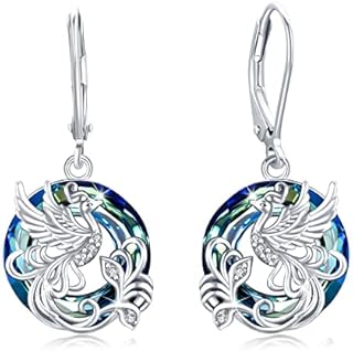 Phoenix Earrings, 925 Sterling Silver Crystal Phoenix Leverback Dangle Earrings for Women "Rising from the Ashes" Nirvana of Phoenix Jewelry Gifts for Birthday Christmas