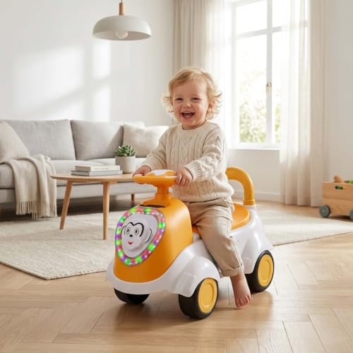 Image of Kids Ride-On Push Car with LED Lights & Steering Wheel - Toddler Ride On Toy Car with Music, Storage Seat & Backrest, Indoor Outdoor Ride Toy for Boys & Girls (Ages 1.5-3)