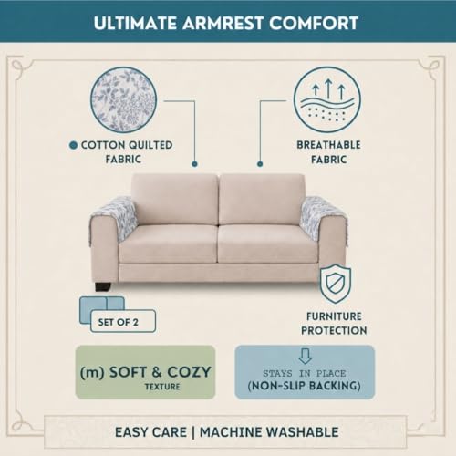 Image of STITCHNEST 'Frostvine Collection' Sofa Armrest Cover | Cotton Quilted Fabric, Washable & Durable for Modern Living (18 x 22 Inches)