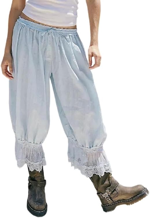 Women Lace Trim Long Bloomers Pants Ruffle Loose Cropped Pantaloons Coquette Pettipants Pajama Bottoms