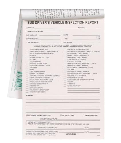 Bus Driver's Vehicle Inspection Report 10-pk. - Book Format with 31 Sets, 2-Ply Carbonless, 5.5" x 8.125" - Meet FMCSR Requirements - J. J. Keller & Associates, Inc.