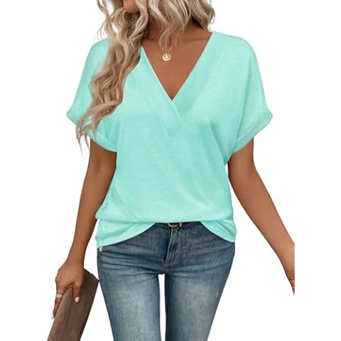 EyMuse V Neck Short Sleeve T-Shirts Womens Tops Basic Tees Fashion Trendy Casual Summer Outfits Spring Clothes 2025 Dressy,Mint Green,S Cover