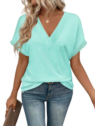 EyMuse Cute Basic Tops t-Shirts Short Sleeve V Neck Tees Womens Fashion Comfy Lightweight Soft Casual Summer Blouses,Mint Green,XXL