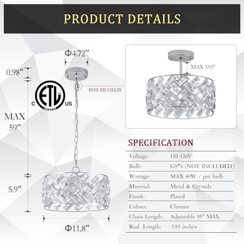 CATINER Chrome Crystal Chandeliers, 4-Light Modern Semi Flush Mount Ceiling Light, D12'' Small Round Crystal Hanging Pendant Light Fixtures for Dining Room Kitchen Island Entryway Hallway by CATINER - Image 3