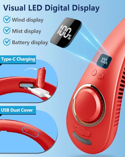 Image of Portable Neck Fan with Water Mist, 4000mAh 4-9H Lasting, LED Display & 5 Fan-Speed, Dual Vents Rechargeable Neck AC, Hands-Free Bladeless Face Fans for Women Men Teens Birthday Gifts Beach Golf, Red