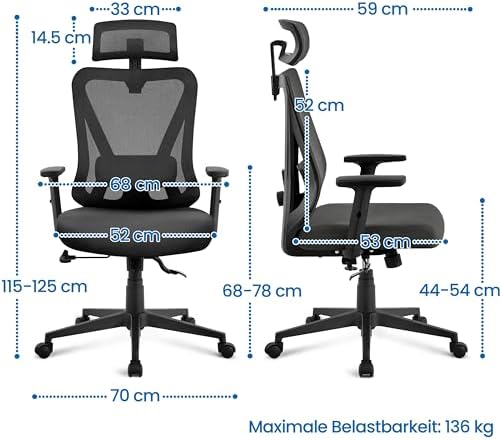 Bild 2 - Yaheetech Bürostuhl Ergonomisch, Schreibtischstuhl mit Verstellbarer Kopfstütze, Armlehnen, Lendenwirbelstütze, Verschließbar Drehstuhl mit 90°-130° Liegefunktion höhenverstell Schwarz