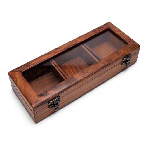 Image of Wooden Spice Box with Glass Lid & Spoon | Sheesham Wood Masala Dabba Organizer | 3 Compartments Spice Storage Container for Kitchen | Handmade Masala Box (Brown)