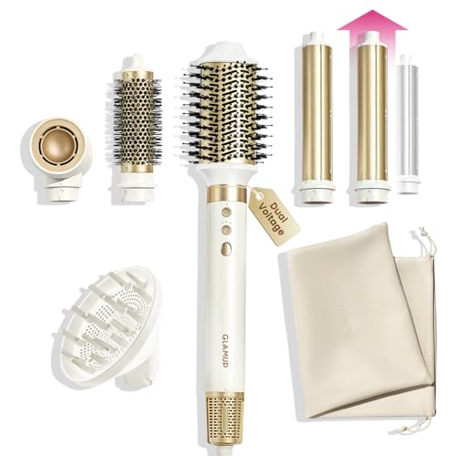 GLAMUP® 6 in 1 Hot Air Styler, Upgraded Long Barrel, Round Brush, Powerful High Speed Dryer, Tight Grip, Curling Volumizing Gift Set with Travel Bag